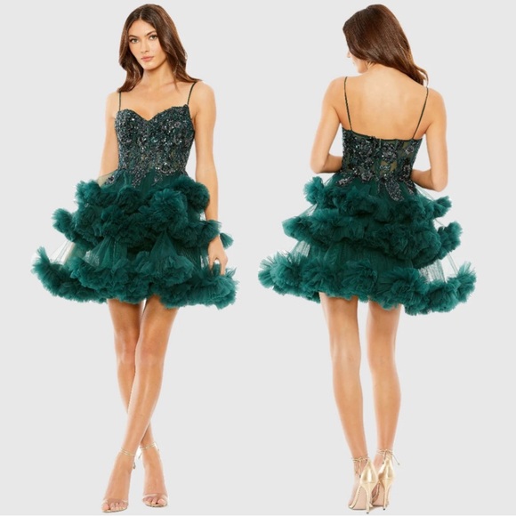 Mac Duggal 20645 Thin Strap Beaded Bodice Tiered Tulle...